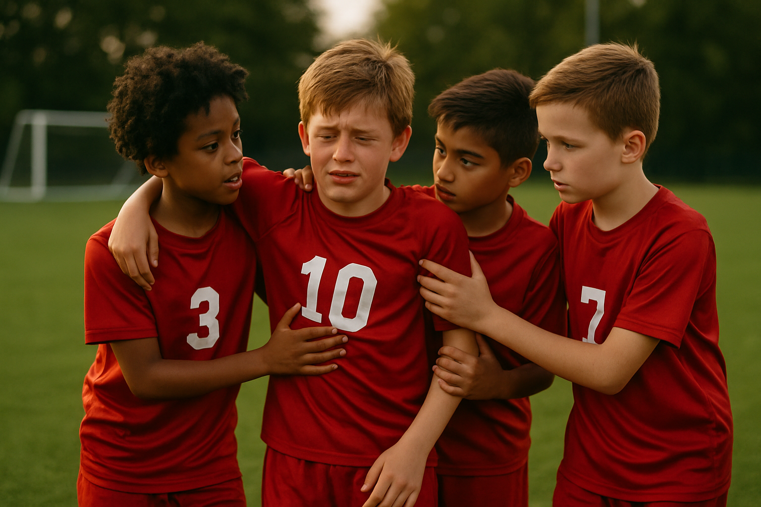 Young football player being supported by teammates