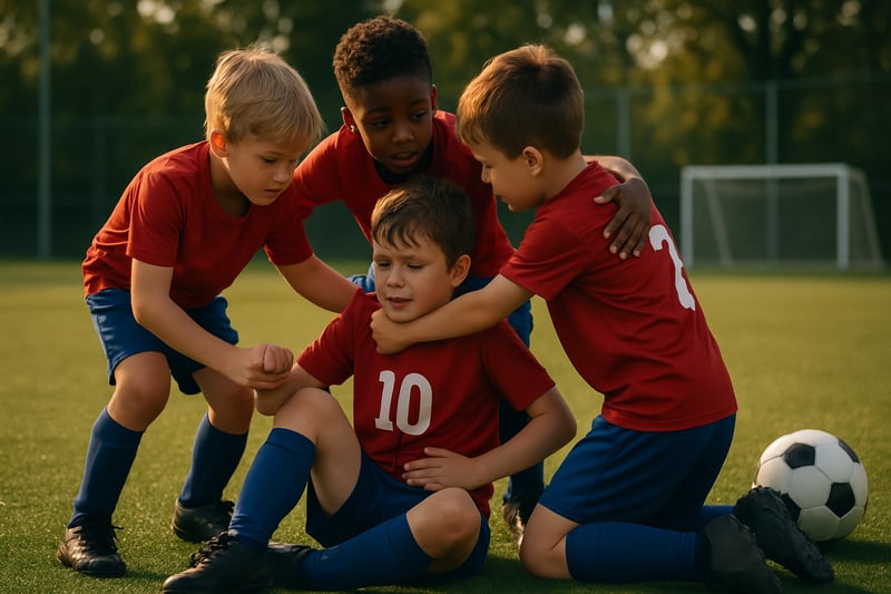 Young football players supporting each other on the field Young football players supporting each other on the field