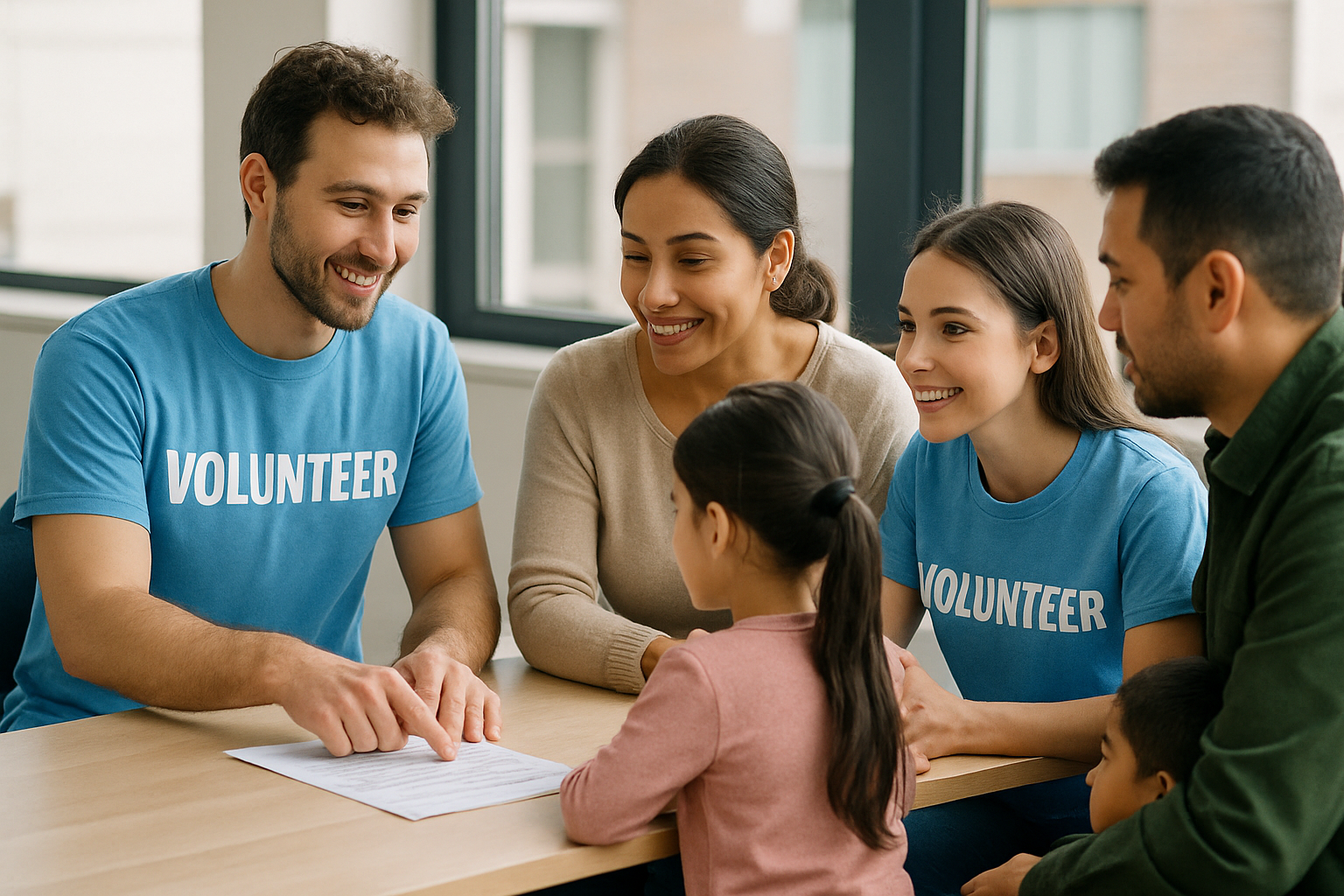 Compassionate volunteers guiding a family through assistance process