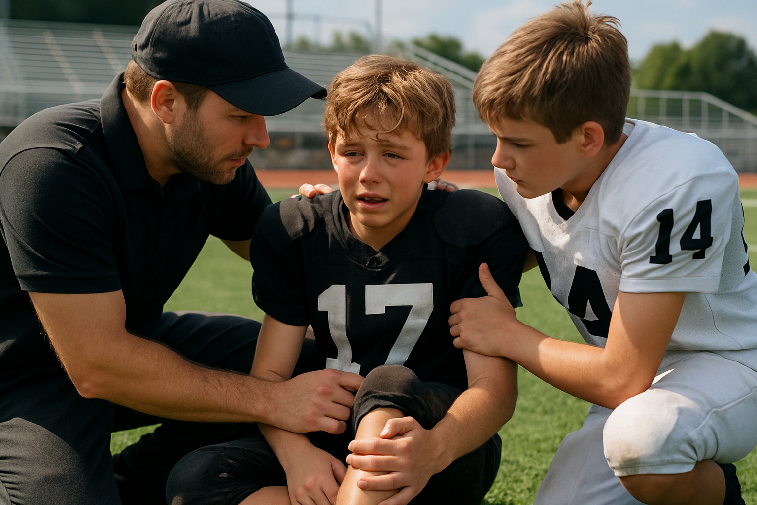 Young football player receiving support after injury
